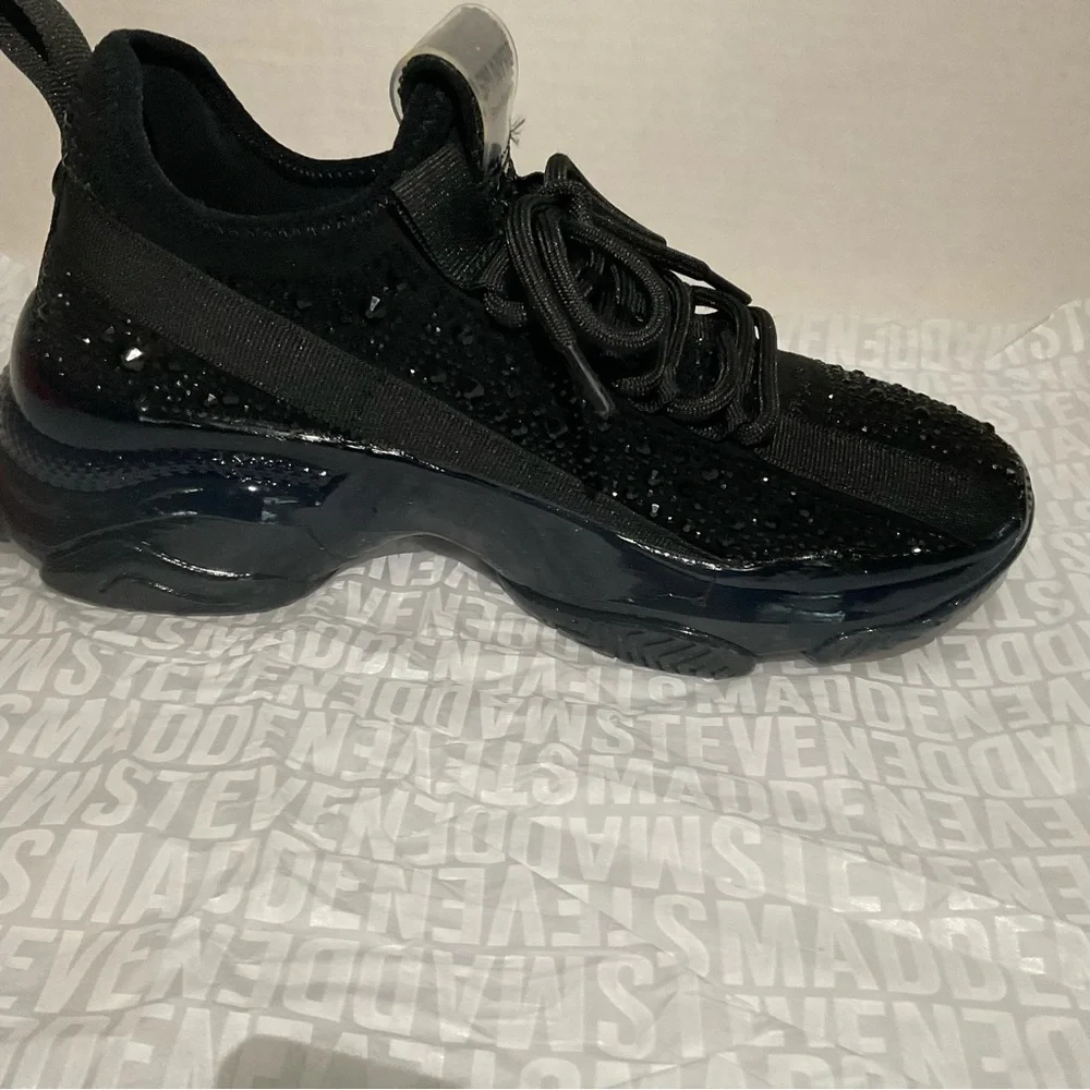 Steve Madden Black Knit Crystal-Embellished Platform Sneaker
